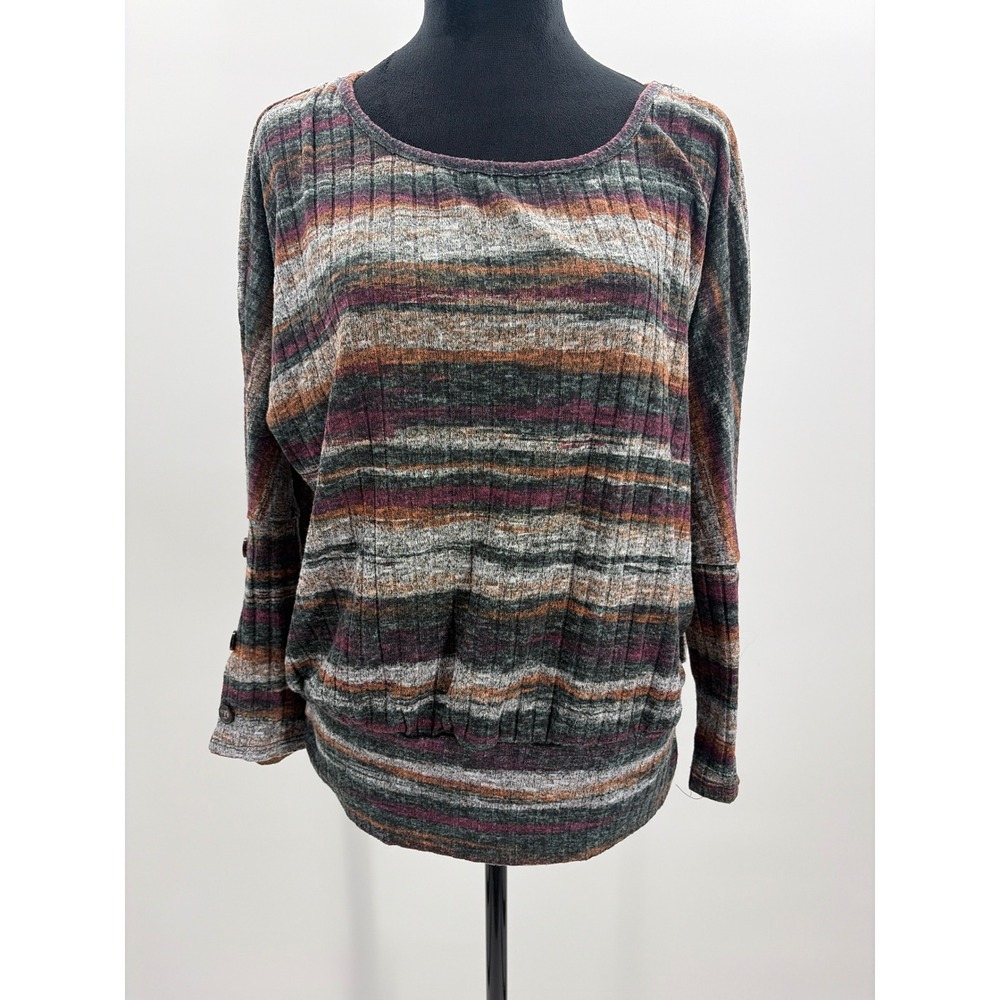 AGB Woman 1X Striped Ribbed Knit Dolman Top Multi-Color‎ Button Cuff 3443G21
